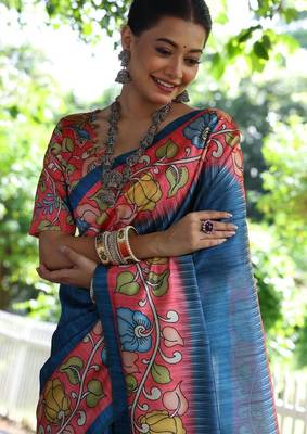 Aqua blue color  silk blend kalamkari printed saree 3