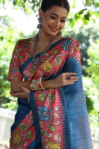 Aqua blue color  silk blend kalamkari printed saree