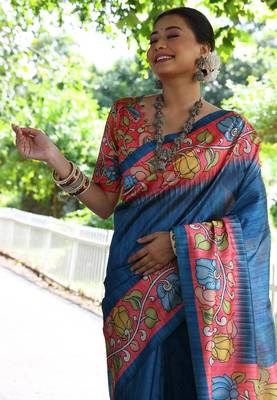 Aqua blue color  silk blend kalamkari printed saree 4