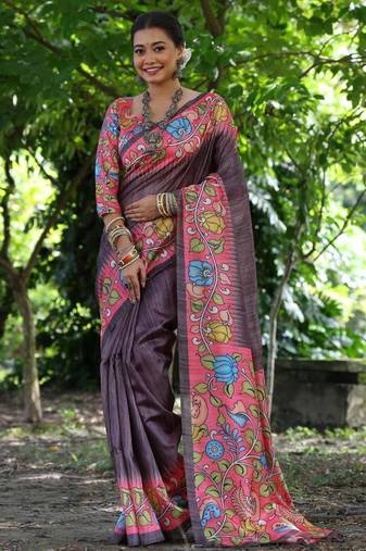 Wine color raw silk kalamkari printed saree
