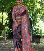 Wine color raw silk kalamkari printed saree