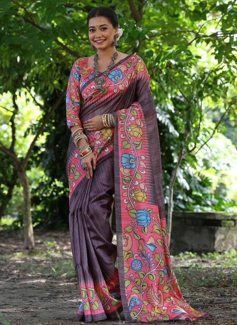 Wine color raw silk kalamkari printed saree
