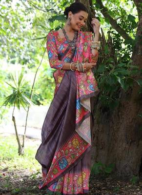 Wine color  silk blend kalamkari printed saree 2
