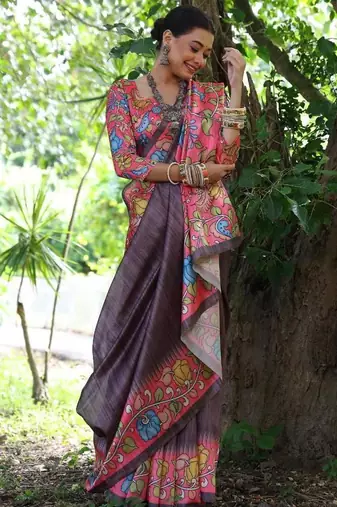 Wine color  silk blend kalamkari printed saree