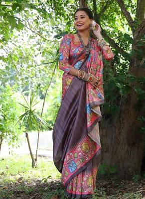 Wine color  silk blend kalamkari printed saree 3