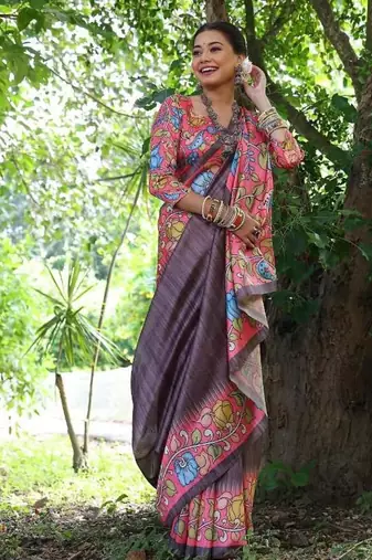 Wine color  silk blend kalamkari printed saree