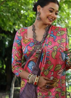 Wine color  silk blend kalamkari printed saree 4