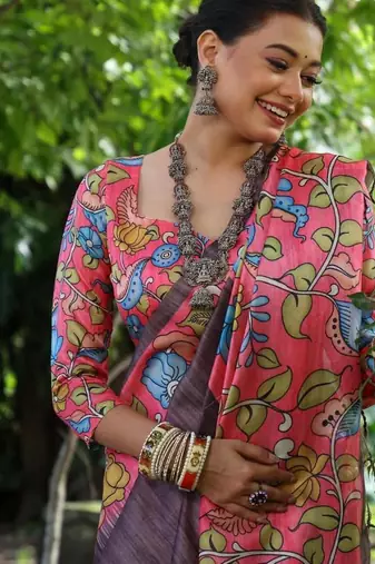 Wine color  silk blend kalamkari printed saree