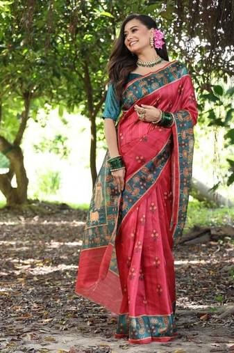 Red color raw silk peacock printed saree
