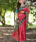 Red color raw silk peacock printed saree