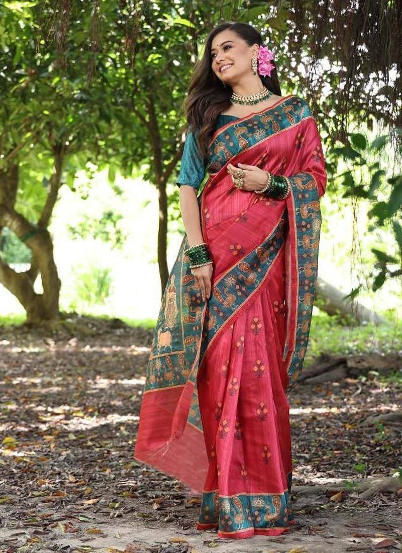 Red color raw silk peacock printed saree