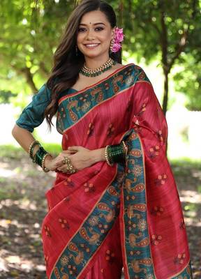Red silk blend peacock printed saree 2