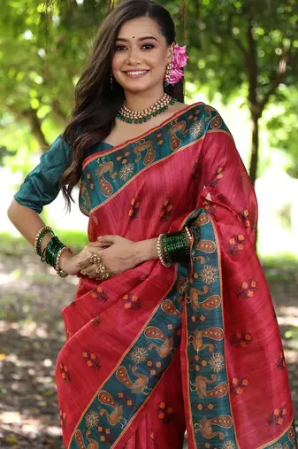 Red color  silk blend peacock printed saree