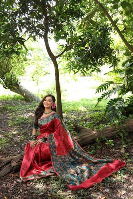 Red silk blend peacock printed saree 3