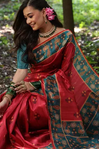 Red color  silk blend peacock printed saree