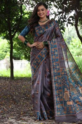 Grey color raw silk peacock printed saree