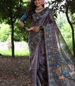 Grey color raw silk peacock printed saree