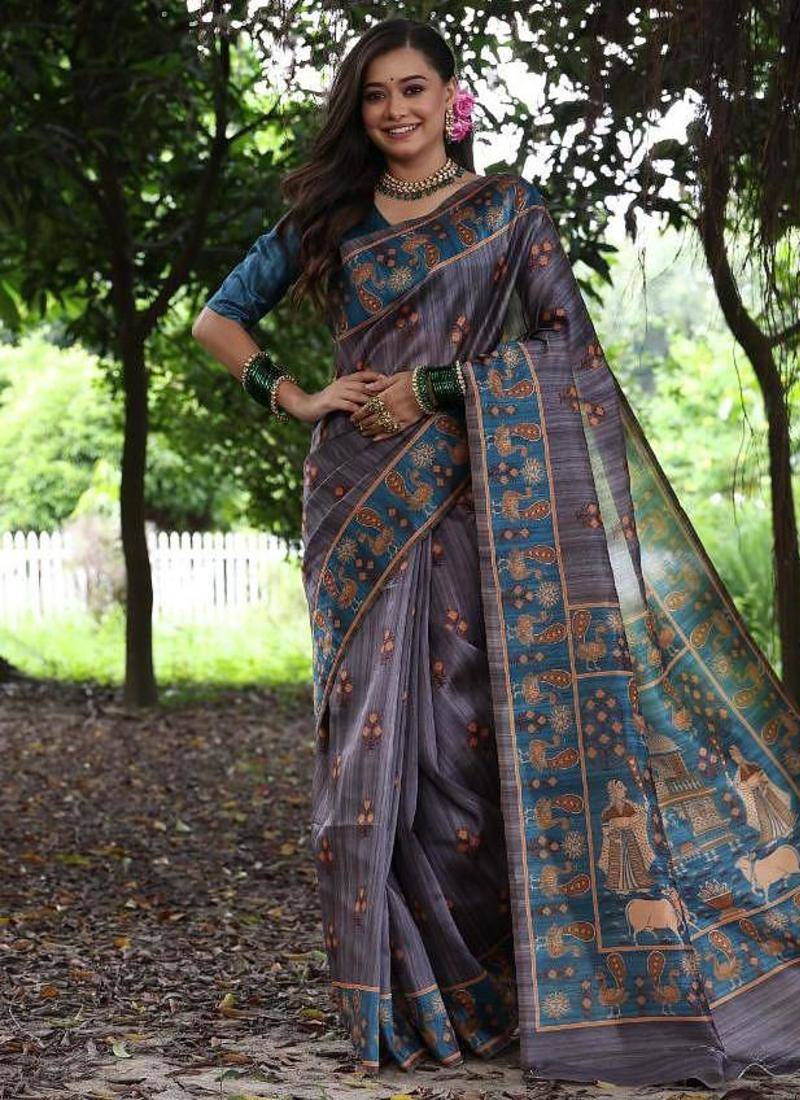 Grey color raw silk peacock printed saree