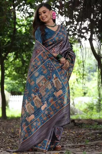 Grey color  silk blend peacock printed saree