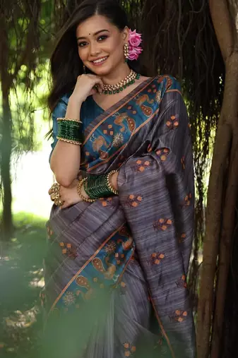Grey color  silk blend peacock printed saree
