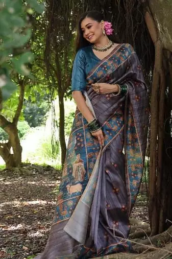 Grey color  silk blend peacock printed saree