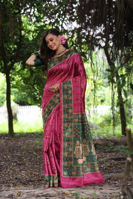 Pink color  silk blend peacock printed saree 1