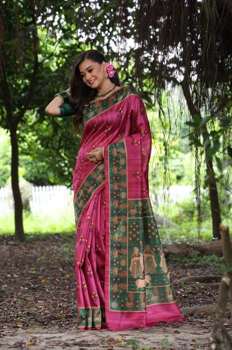 Pink color raw silk peacock printed saree