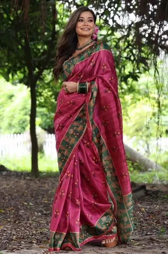 Pink color  silk blend peacock printed saree