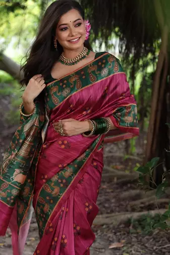 Pink color  silk blend peacock printed saree