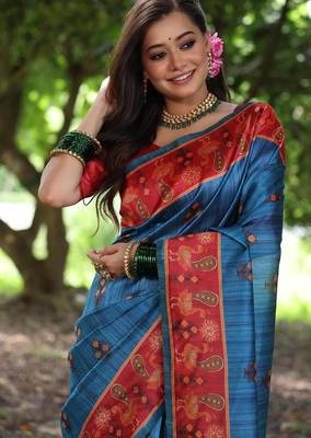 Blue color  silk blend peacock printed saree 2