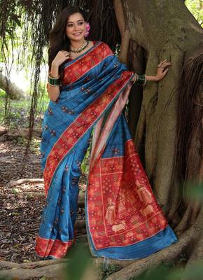 Blue color  silk blend peacock printed saree 3