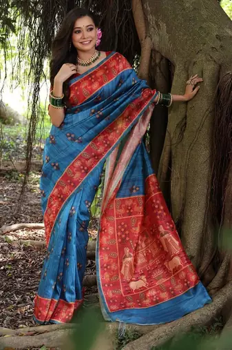 Blue color  silk blend peacock printed saree