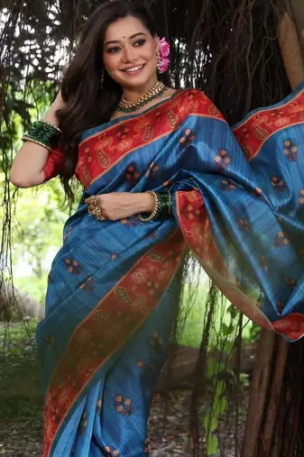 Blue color  silk blend peacock printed saree