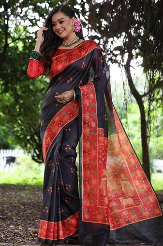 Black color raw silk peacock printed saree