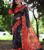 Black color raw silk peacock printed saree