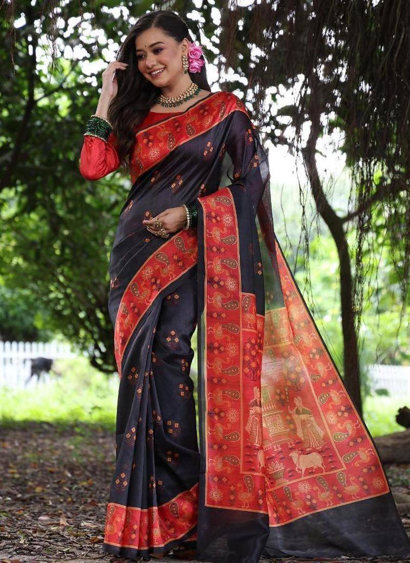 Black color raw silk peacock printed saree