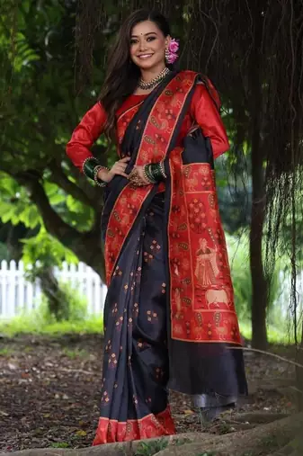 Black color  silk blend peacock printed saree