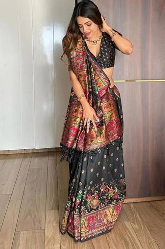 Black color pashmina silk kashmiri meena weaving saree
