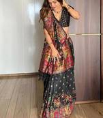 Black color pashmina silk kashmiri meena weaving saree