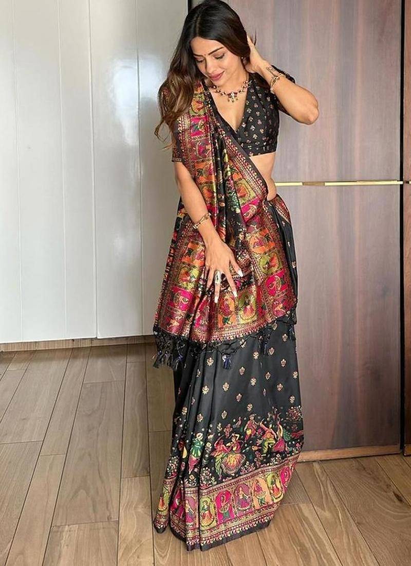 Black color pashmina silk kashmiri meena weaving saree
