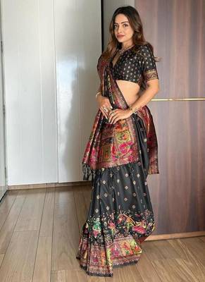 Black pashmina silk blend kashmiri meena weaving saree 2