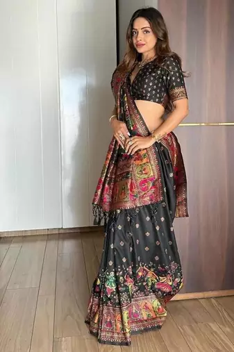 Black color pashmina silk blend kashmiri meena weaving saree