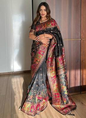 Black pashmina silk blend kashmiri meena weaving saree 3