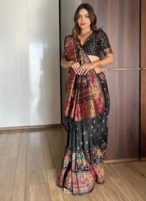 Black pashmina silk blend kashmiri meena weaving saree 4