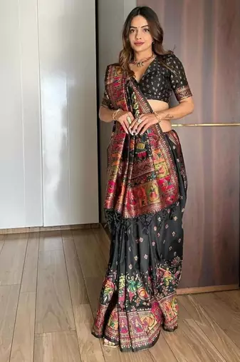 Black color pashmina silk blend kashmiri meena weaving saree