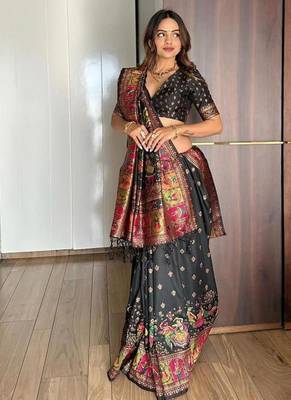 Black pashmina silk blend kashmiri meena weaving saree 5
