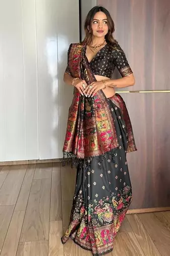 Black color pashmina silk blend kashmiri meena weaving saree