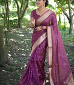 Purple color kalyani silk blend zari weaving butti & border saree
