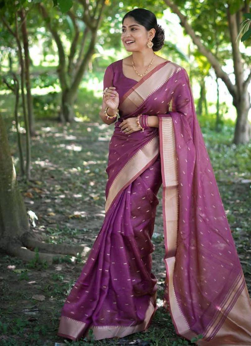 Purple color kalyani silk zari weaving butti & border saree