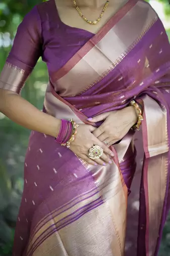 Purple color kalyani silk blend zari weaving butti & border saree